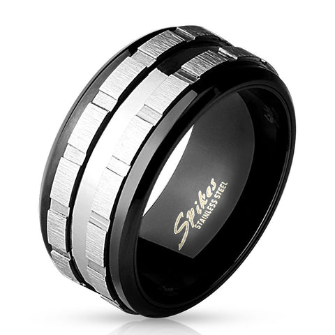 Two-tone black stainless steel ring with dual brushed stainless finish gears | Wholesale Jewelry | Large photo