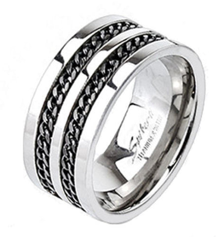 Two-tone mirror polished titanium ring with two Cuban chain inlays | Wholesale Titanium Rings | Wedding Bands