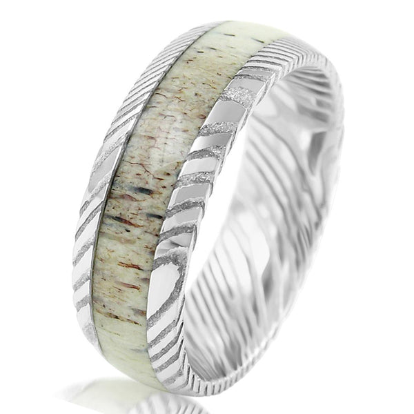 8mm dome style Damascus steel ring w/ deer antler inlay | wholesale Damascus Steel wedding bands & Rings | White photo