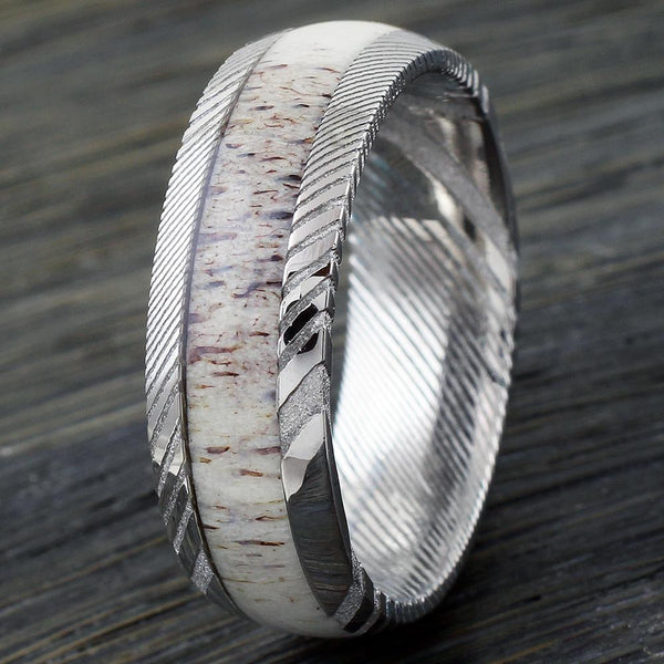 8mm dome style Damascus steel ring w/ deer antler inlay | wholesale Damascus Steel wedding bands & Rings | Upright Wood Photo