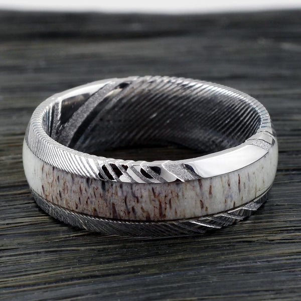 8mm dome style Damascus steel ring w/ deer antler inlay | wholesale Damascus Steel wedding bands & Rings | Flat Wood Photo