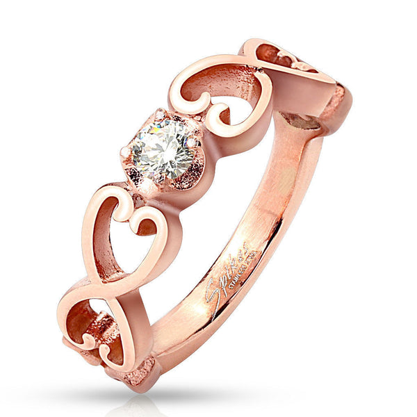 Six hearts with middle CZ stone in ion plated rose gold | Wholesale stainless steel rings - Jewelry