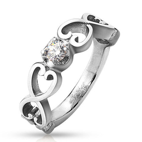 Three hearts on each side of a center CZ stone | Wholesale stainless steel rings - Jewelry | Small photo