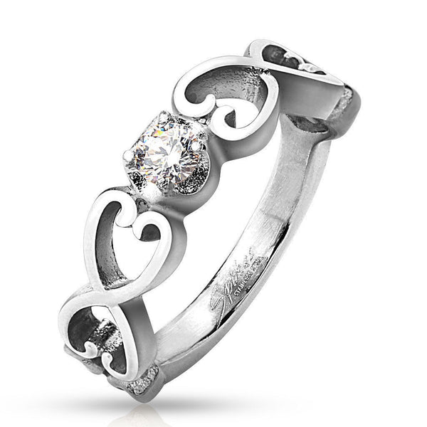 Three hearts on each side of a center CZ stone | Wholesale stainless steel rings - Jewelry