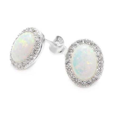White Created Opal 0.36 Carat CZ Oval Post Stud Earrings | Wholesale Sterling Silver Jewelry | Main