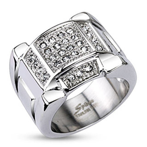 Wide cast stainless steel signet ring with 30 micro pave set clear CZs | Wholesale Jewelry