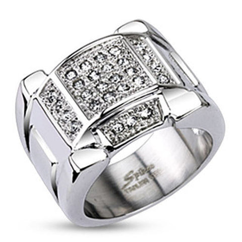 Wide cast stainless steel signet ring with 30 micro pave set clear CZs | Wholesale Jewelry