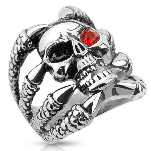  Cast stainless steel ring depicting red-eyed skull grasped by dragon's claws | Wholesale Jewelry | Alternate photo