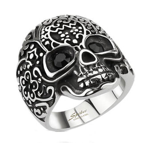 Cast stainless steel ring | Floral decorated skull with black CZs in eye sockets | Wholesale Jewelry