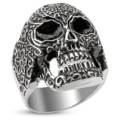 Wide cast stainless steel Day of the Dead skull ring | Wholesale Jewelry