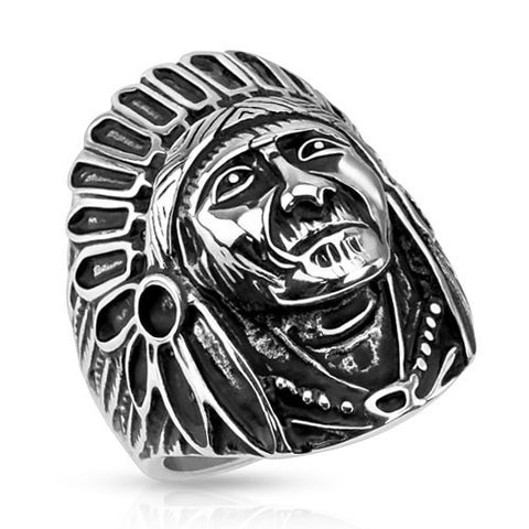 Wide cast stainless steel ring of Native American Apache Chief in Headdress | Wholesale Jewelry