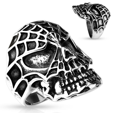 Wide cast stainless steel ring of skull covered in spider webs | Wholesale Jewelry | Main photo