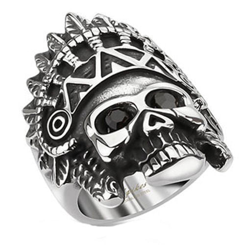 Cast stainless steel ring of skull in Apache headdress and CZ eyes | Wholesale Jewelry