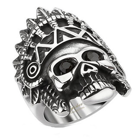 Cast stainless steel ring of skull in Apache headdress and CZ eyes | Wholesale Jewelry