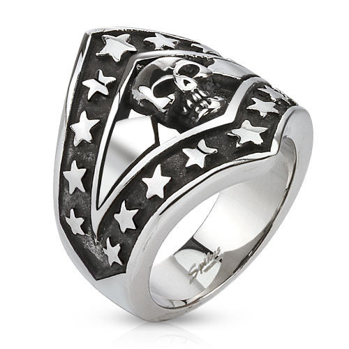Cast stainless steel ring with skull and stars shield | Wholesale Jewelry