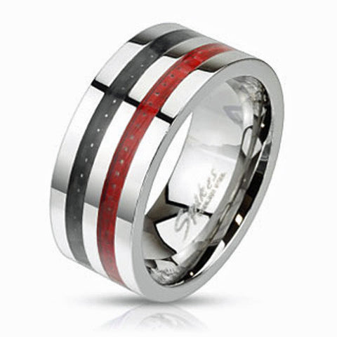 Mirror polished ring with dual red & black carbon fiber inlays | Wholesale stainless steel rings - Jewelry