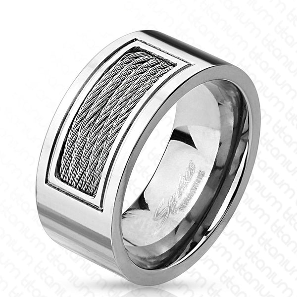 Wide mirror polished titanium ring with five cable inlay | Wholesale Titanium Rings - Wedding Bands | Main photo