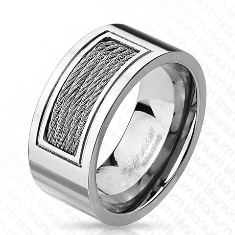 Wide mirror polished titanium ring with five cable inlay | Wholesale Titanium Rings - Wedding Bands | Main photo
