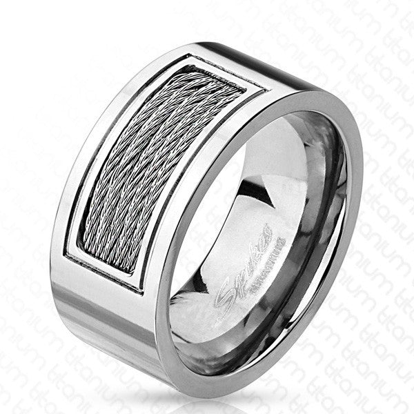 Wide mirror polished titanium ring with five cable inlay | Wholesale Titanium Rings - Wedding Bands | Small photo