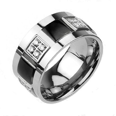 Two-tone titanium ring with black squares and 20 CZ accents | Wholesale Titanium Rings | Wedding Bands
