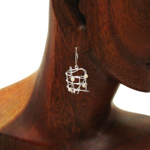 Wire cage & freshwater pearl hanging earrings | Wholesale 925 Sterling Silver Jewelry | Alternate photo