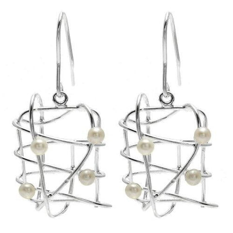Wire cage & freshwater pearl hanging earrings | Wholesale 925 Sterling Silver Jewelry | Item photo